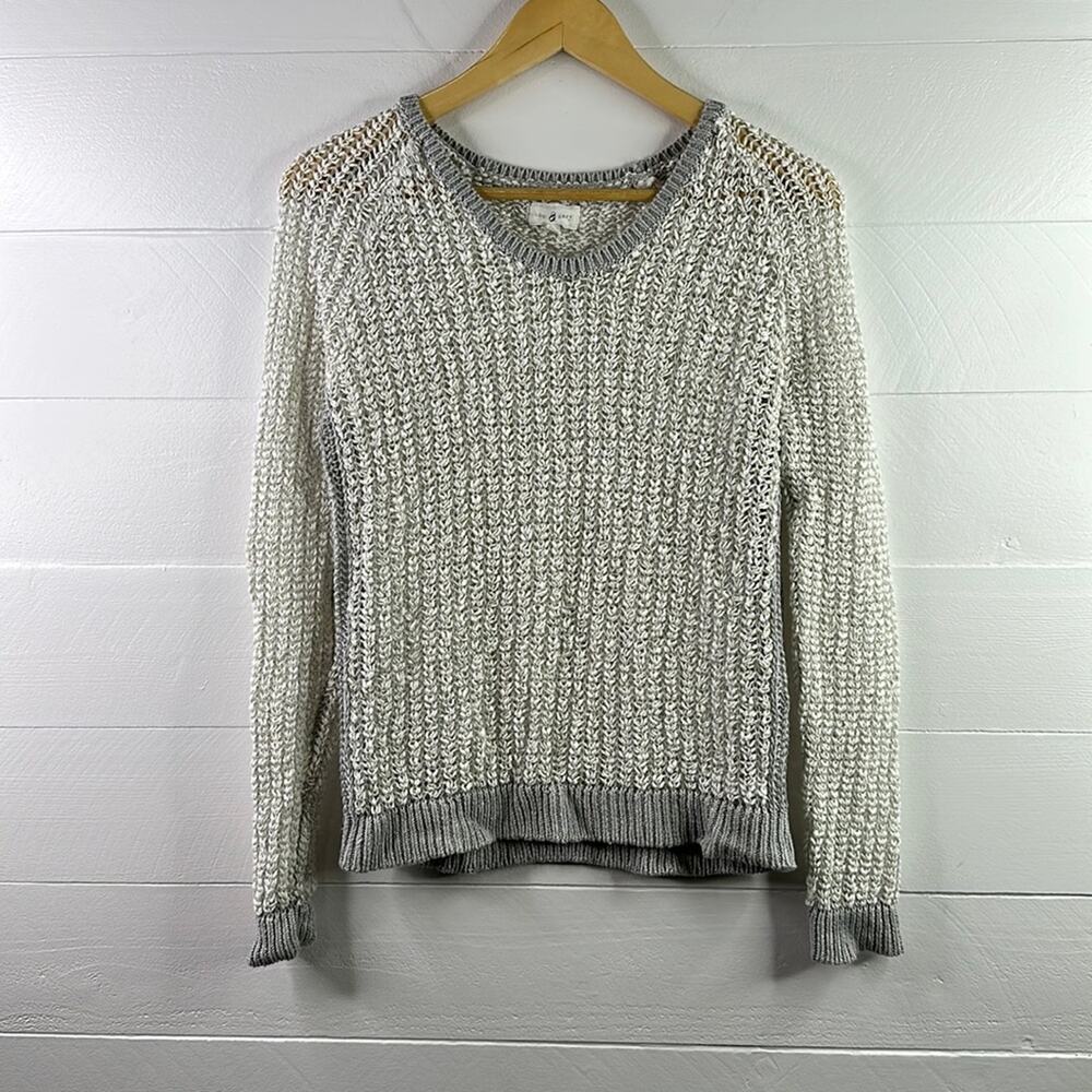 LOU & GREY White Gray Knitted Crew Neck Pullover Sweater Shirt Top Size Small